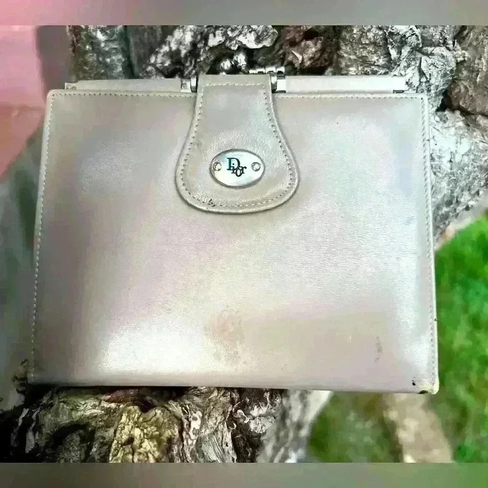 Vintage Christian Dior Coin Purse Kisslock Wallet Gray Bifold Snap Closure